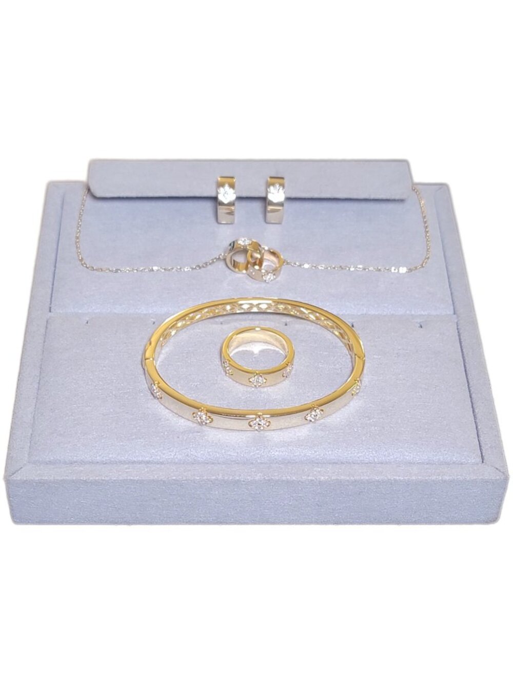 14K Gold Plated Clover Moissanite Jewelry Set Ring Cuff Earrings Necklace NWT